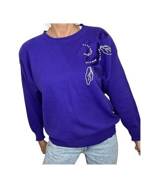 Vintage purple floral satin applique beaded pullover grandma sweater